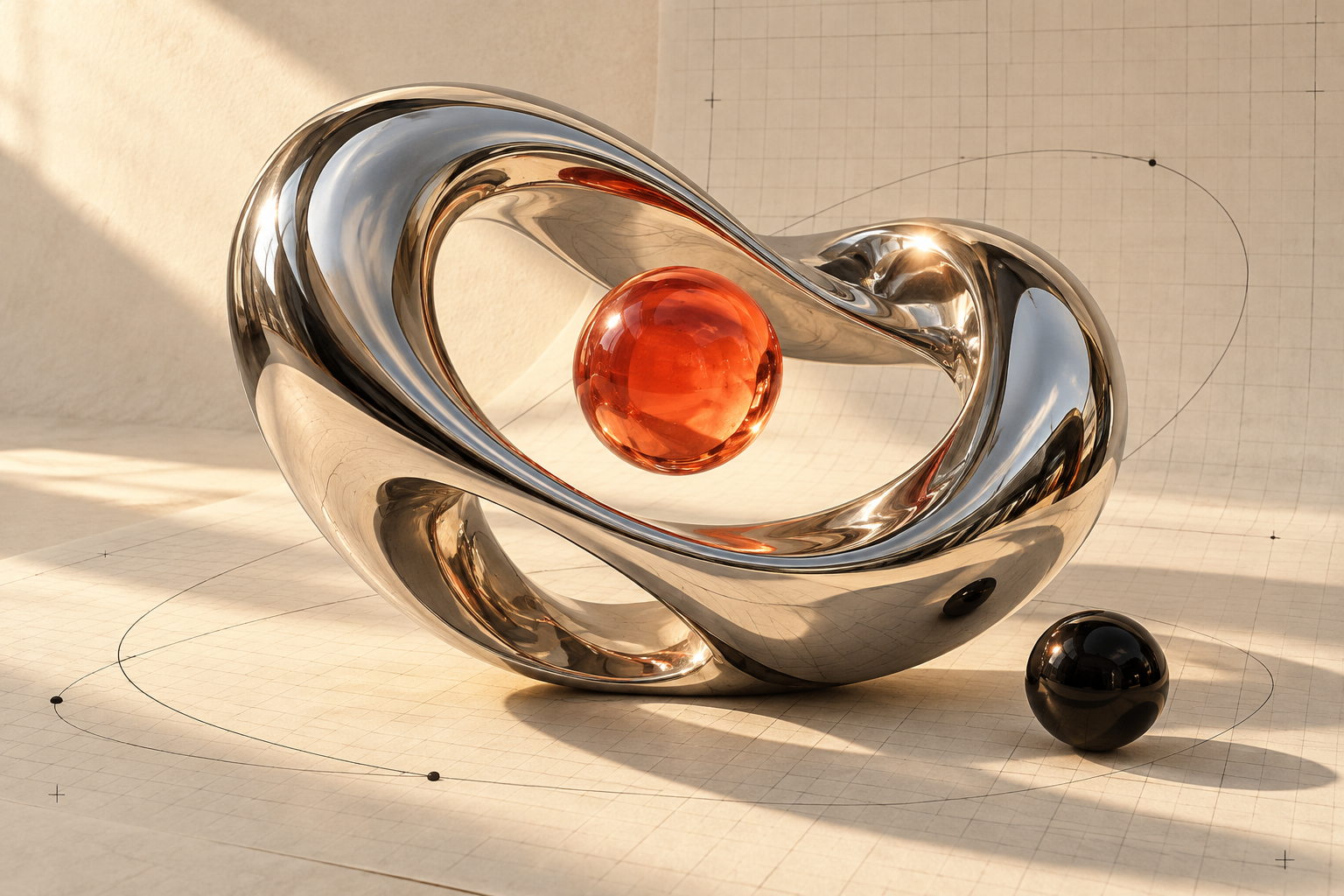 Sculptural chrome loop holding a coral glass sphere on gridded paper